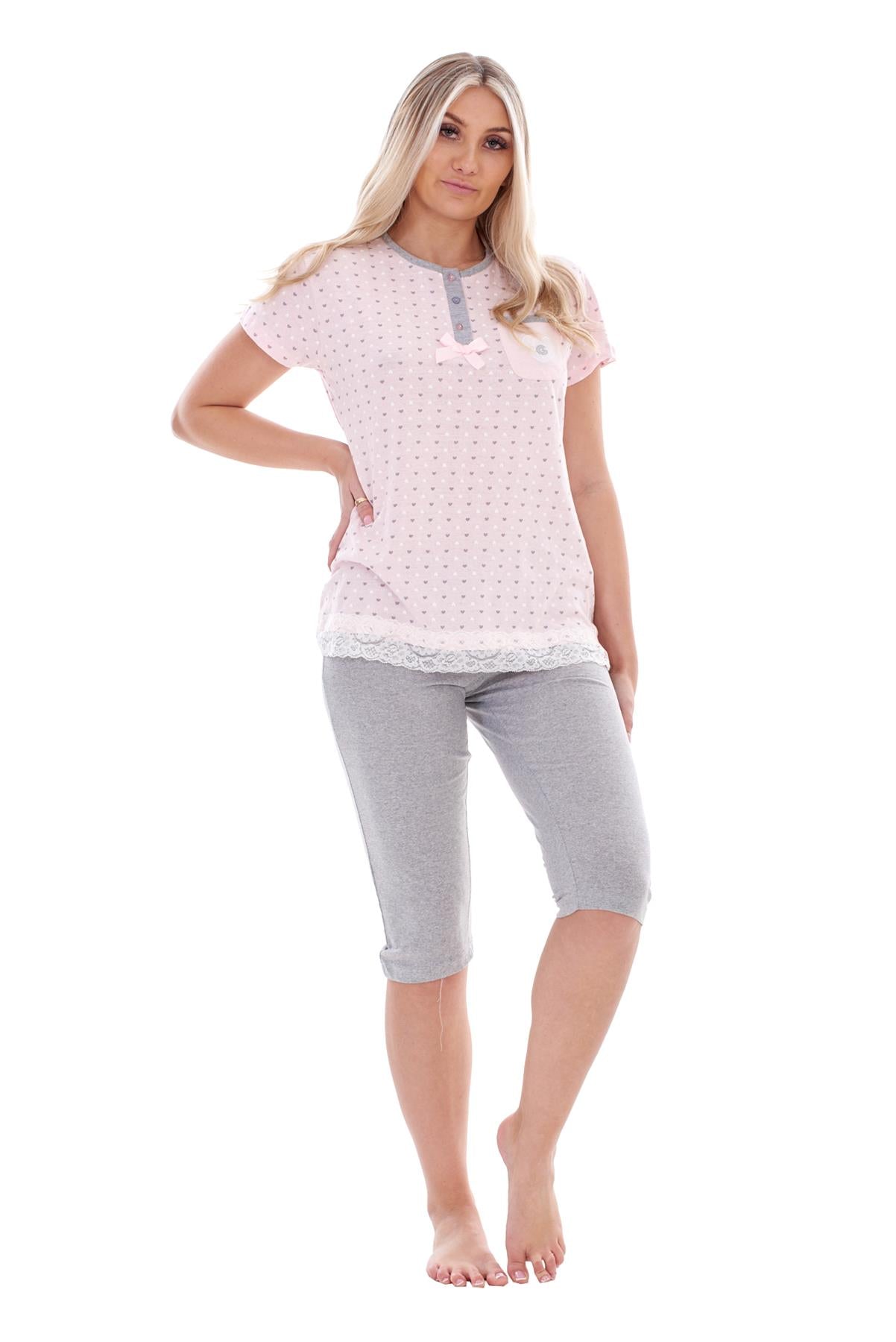 Ladies Capri Pyjama Set 2 Piece Heart Pocket Lace Buttons Bow Cropped Nightwear