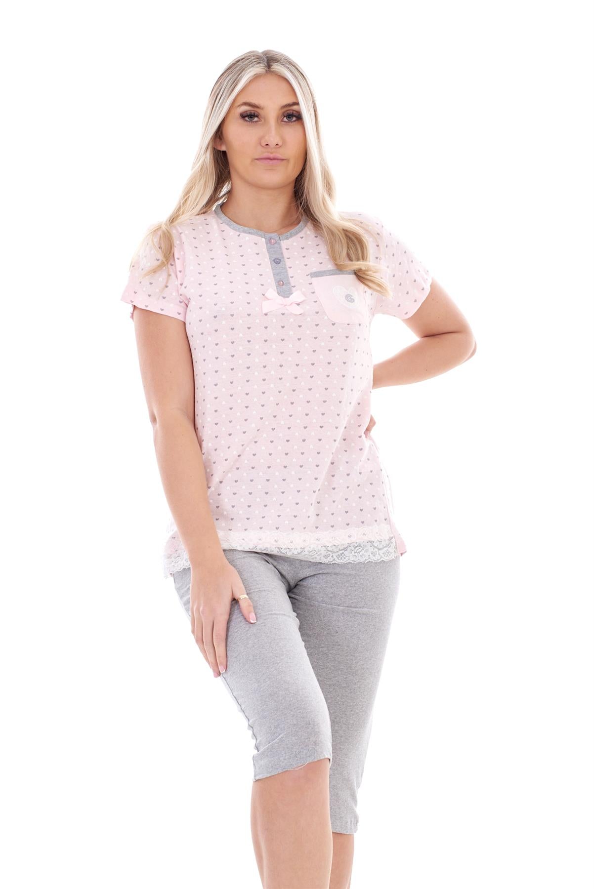 Ladies Capri Pyjama Set 2 Piece Heart Pocket Lace Buttons Bow Cropped Nightwear