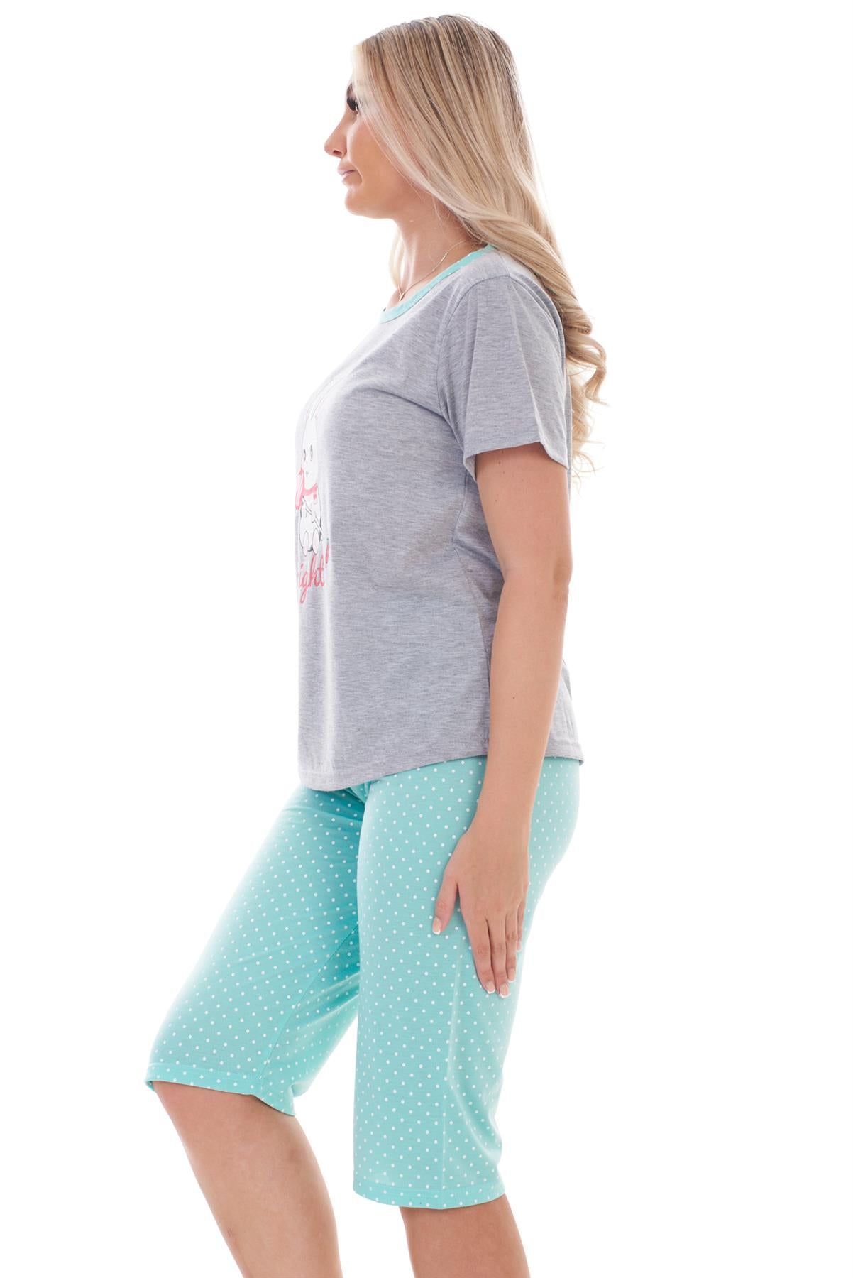 Ladies Cropped Pyjama Set Short Summer Polka Soft Motif Bunny PJs M to XXL