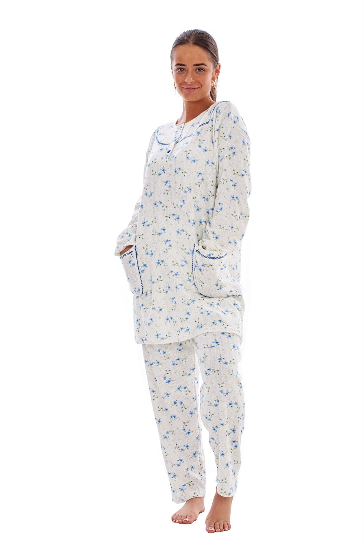 Ladies Winter Pyjama Set Floral Long Sleeve Button Thermal Warm Soft Loungewear