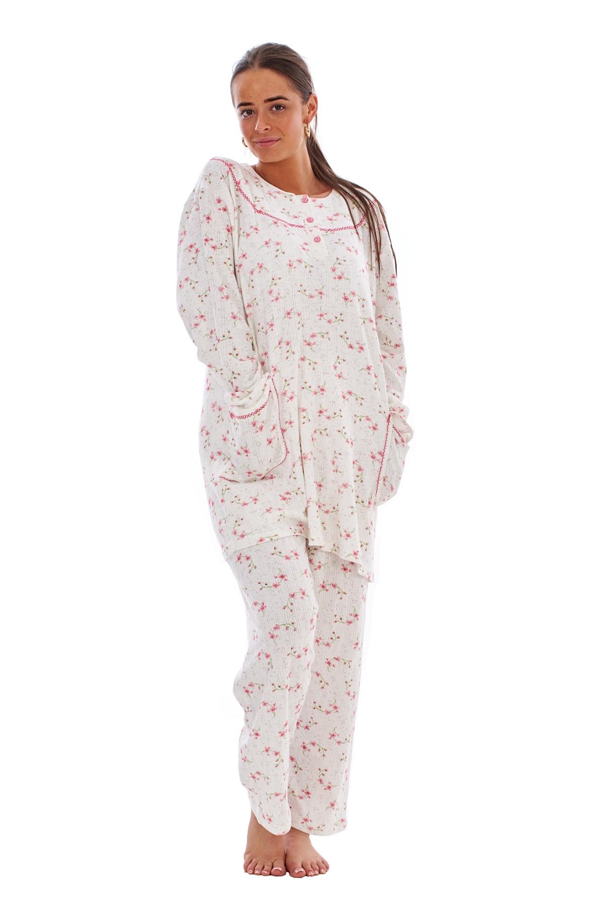 Ladies Winter Pyjama Set Floral Long Sleeve Button Thermal Warm Soft Loungewear