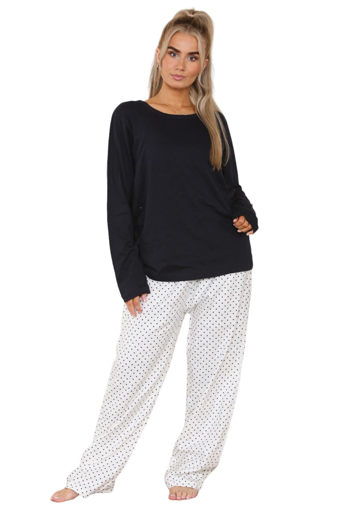 Ladies Pyjama Set Flannel Cotton Star Long Sleeve Crew Neck Winter Loungewear