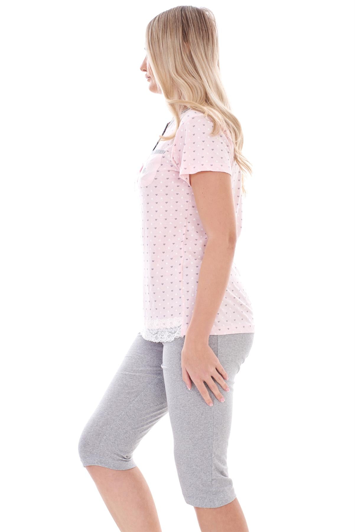 Ladies Capri Pyjama Set 2 Piece Heart Pocket Lace Buttons Bow Cropped Nightwear