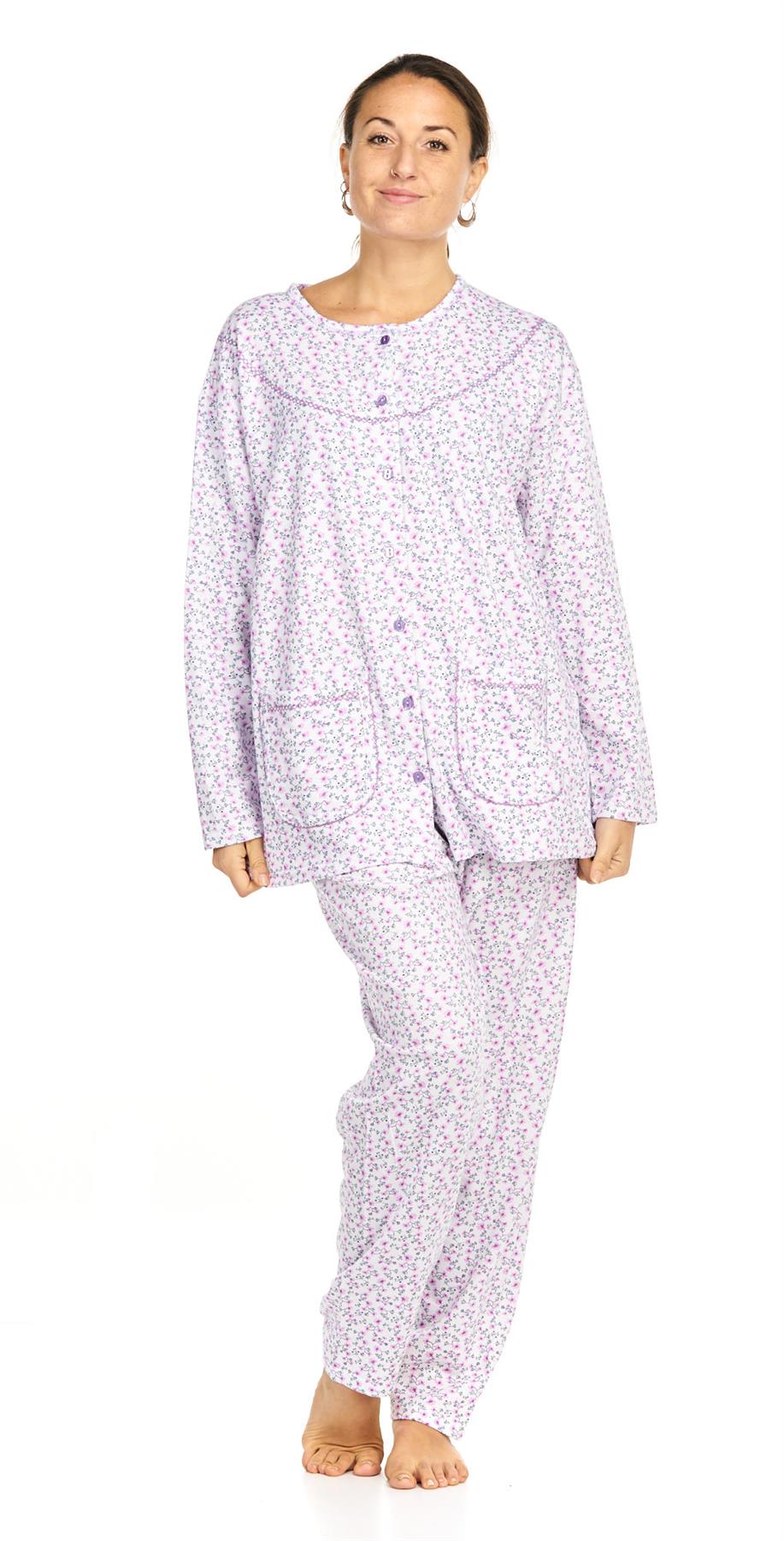 Ladies Pyjama Set Thermal Warm Floral Long Sleeve Buttons Pockets Loungewear
