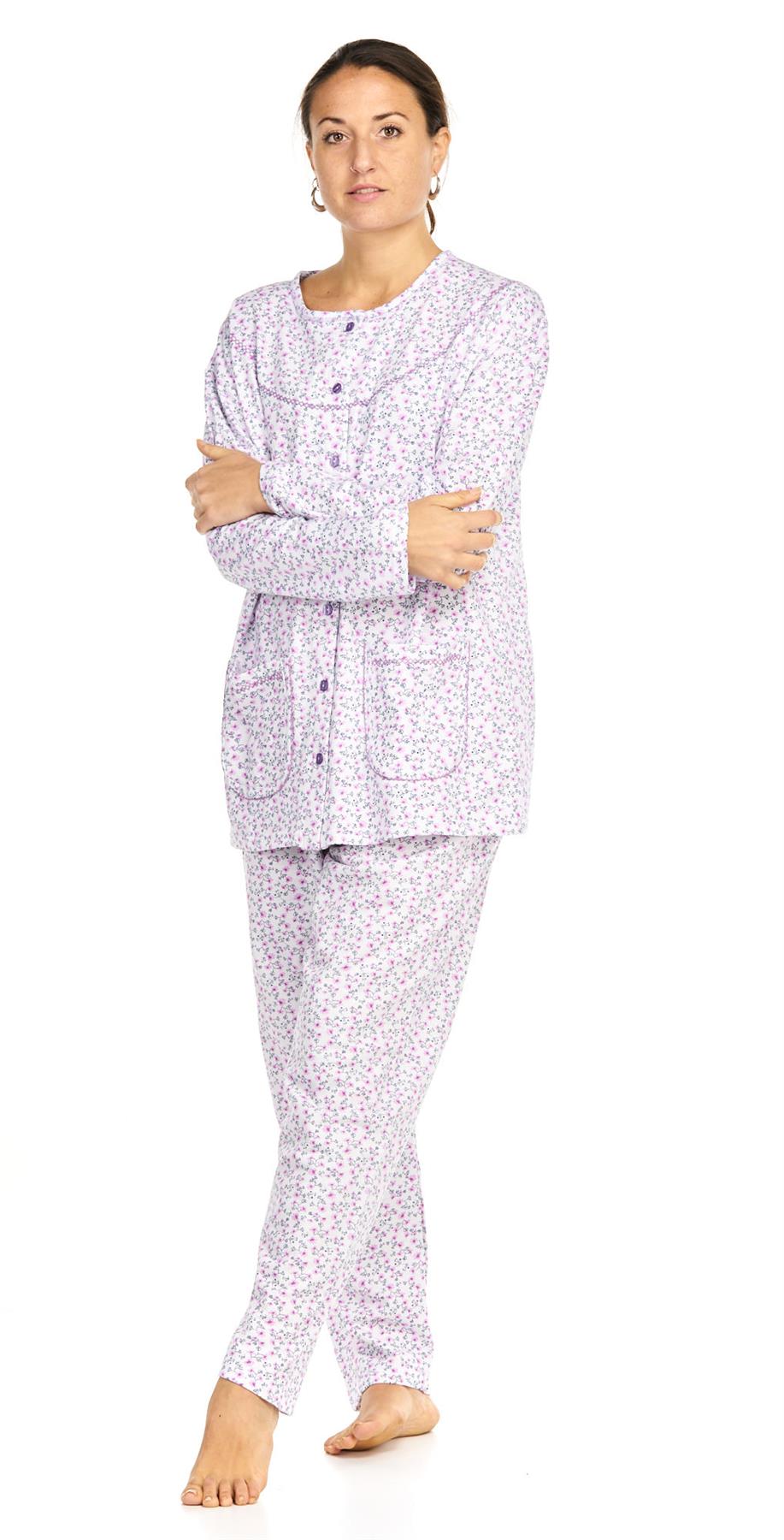Ladies Pyjama Set Thermal Warm Floral Long Sleeve Buttons Pockets Loungewear
