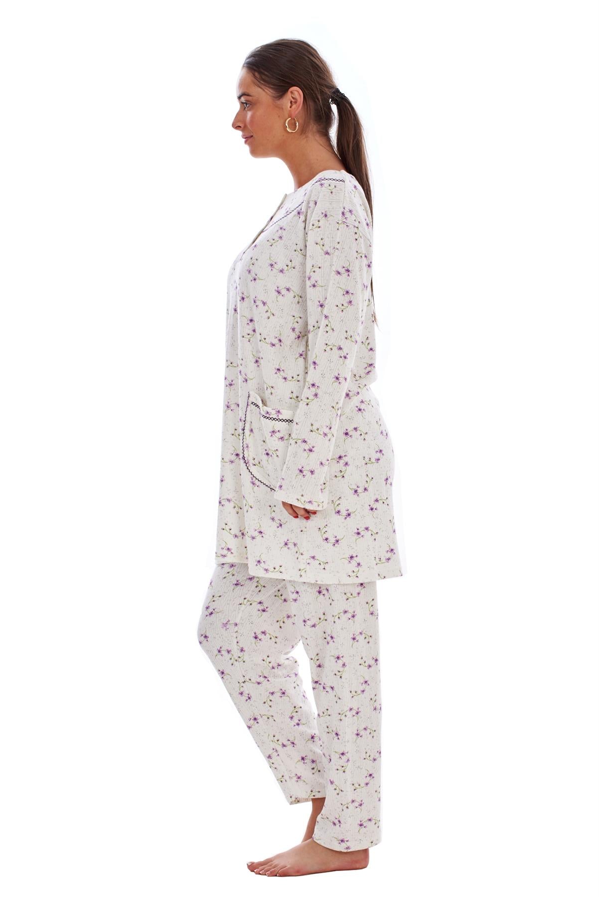 Ladies Winter Pyjama Set Floral Long Sleeve Button Thermal Warm Soft Loungewear