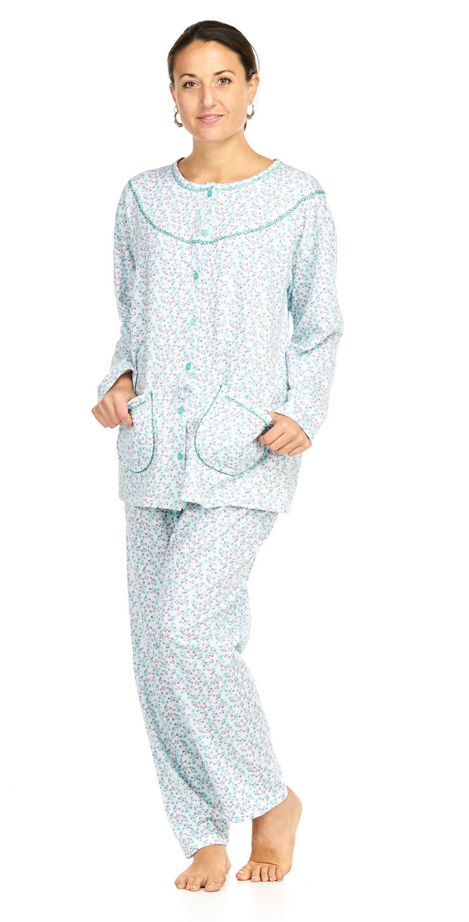 Ladies Pyjama Set Thermal Warm Floral Long Sleeve Buttons Pockets Loungewear