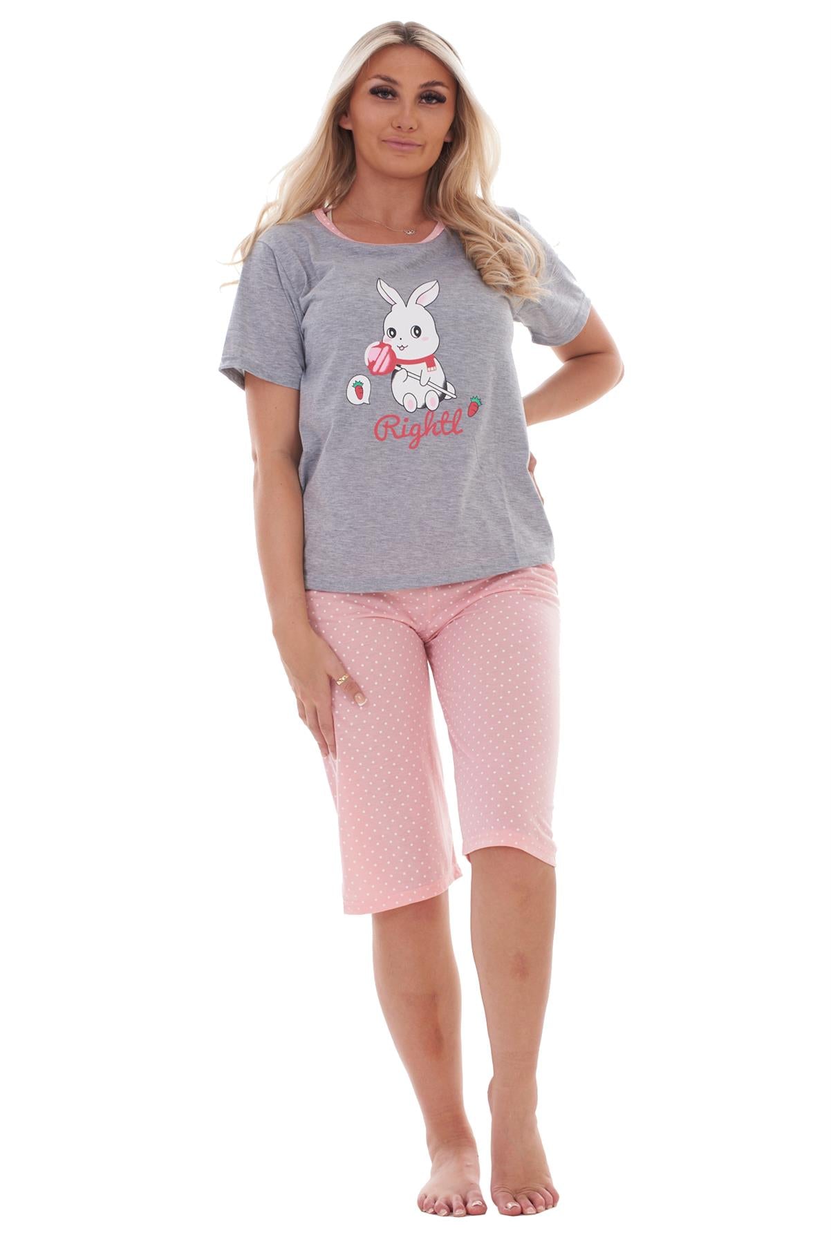 Ladies Cropped Pyjama Set Short Summer Polka Soft Motif Bunny PJs M to XXL