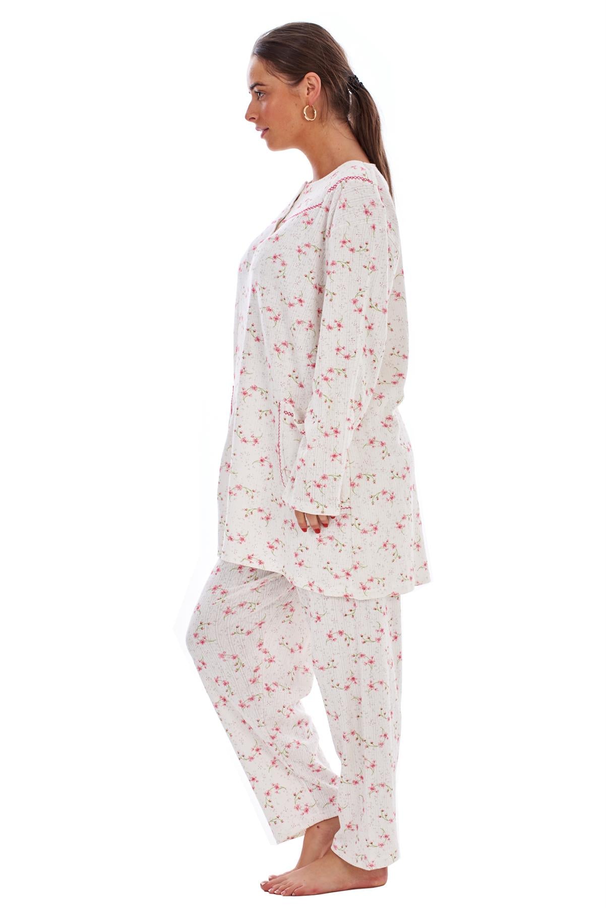Ladies Winter Pyjama Set Floral Long Sleeve Button Thermal Warm Soft Loungewear