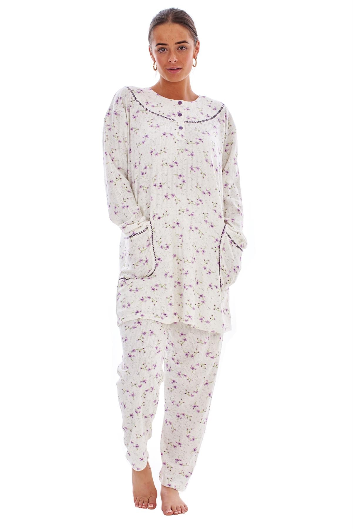 Ladies Winter Pyjama Set Floral Long Sleeve Button Thermal Warm Soft Loungewear