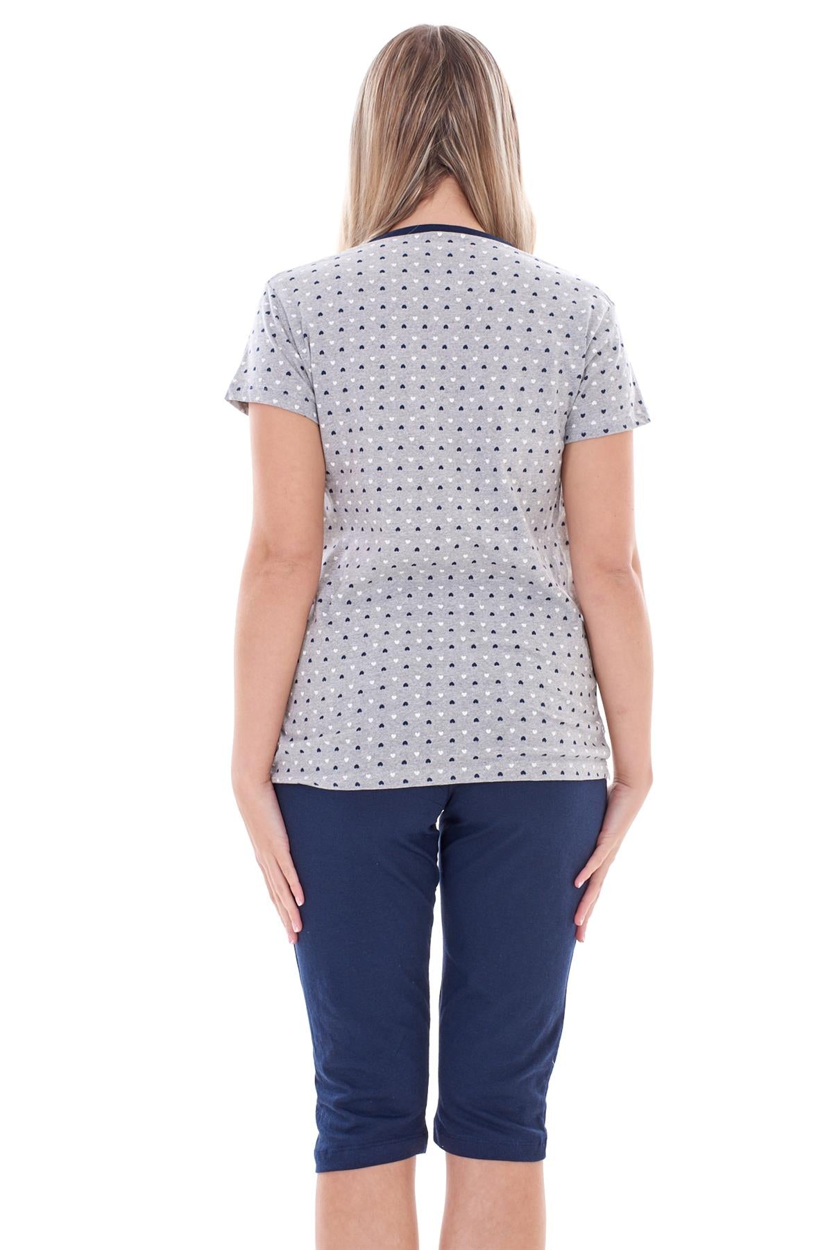 Ladies Capri Pyjama Set 2 Piece Heart Pocket Lace Buttons Bow Cropped Nightwear