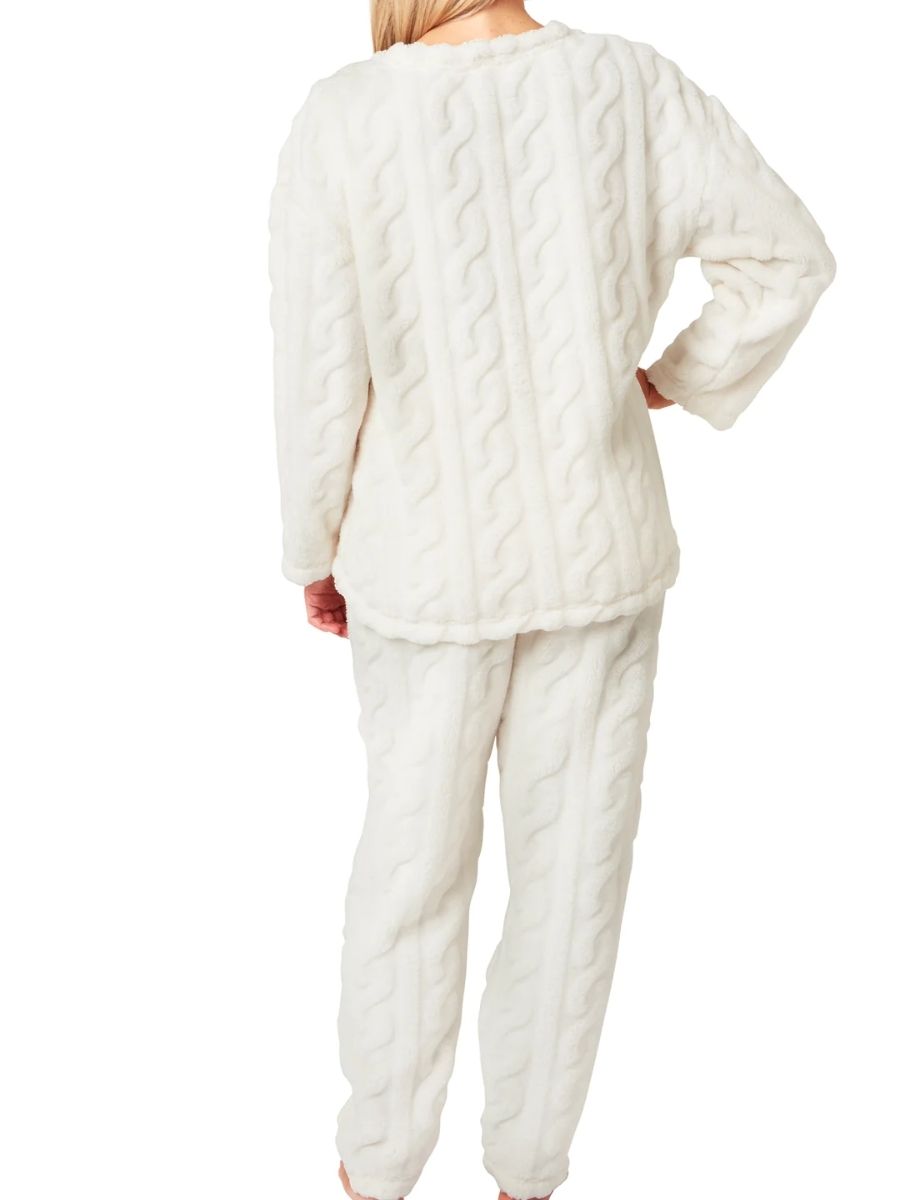 Fleece Pyjama Set Super Soft Cable Knit PJs Long Sleeve Pocket Lounge Nightwear