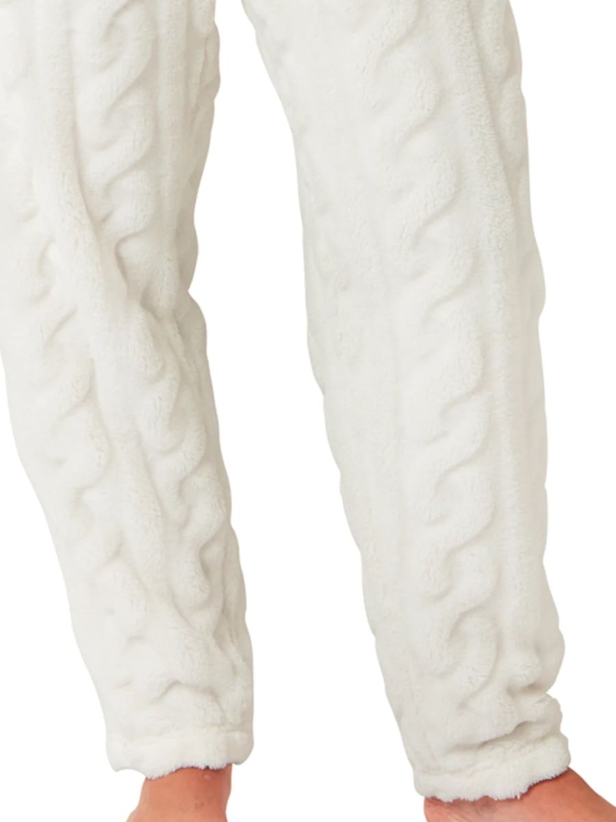 Fleece Pyjama Set Super Soft Cable Knit PJs Long Sleeve Pocket Lounge Nightwear