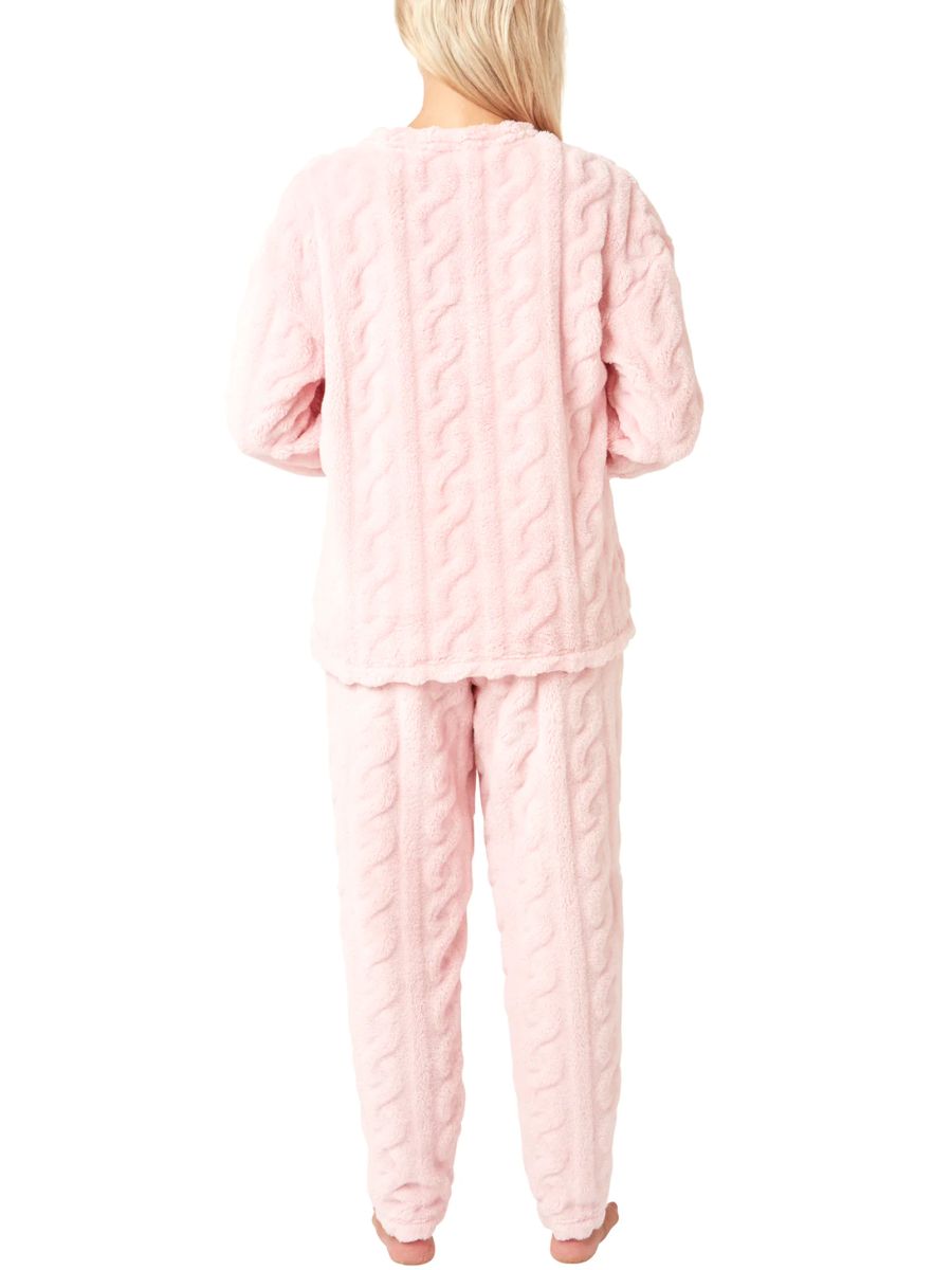 Fleece Pyjama Set Super Soft Cable Knit PJs Long Sleeve Pocket Lounge Nightwear