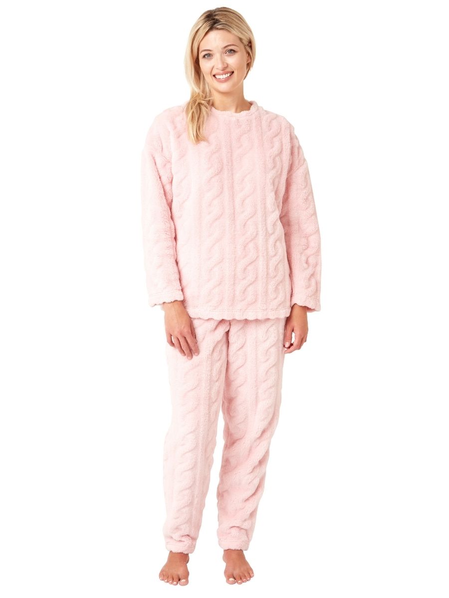 Fleece Pyjama Set Super Soft Cable Knit PJs Long Sleeve Pocket Lounge Nightwear