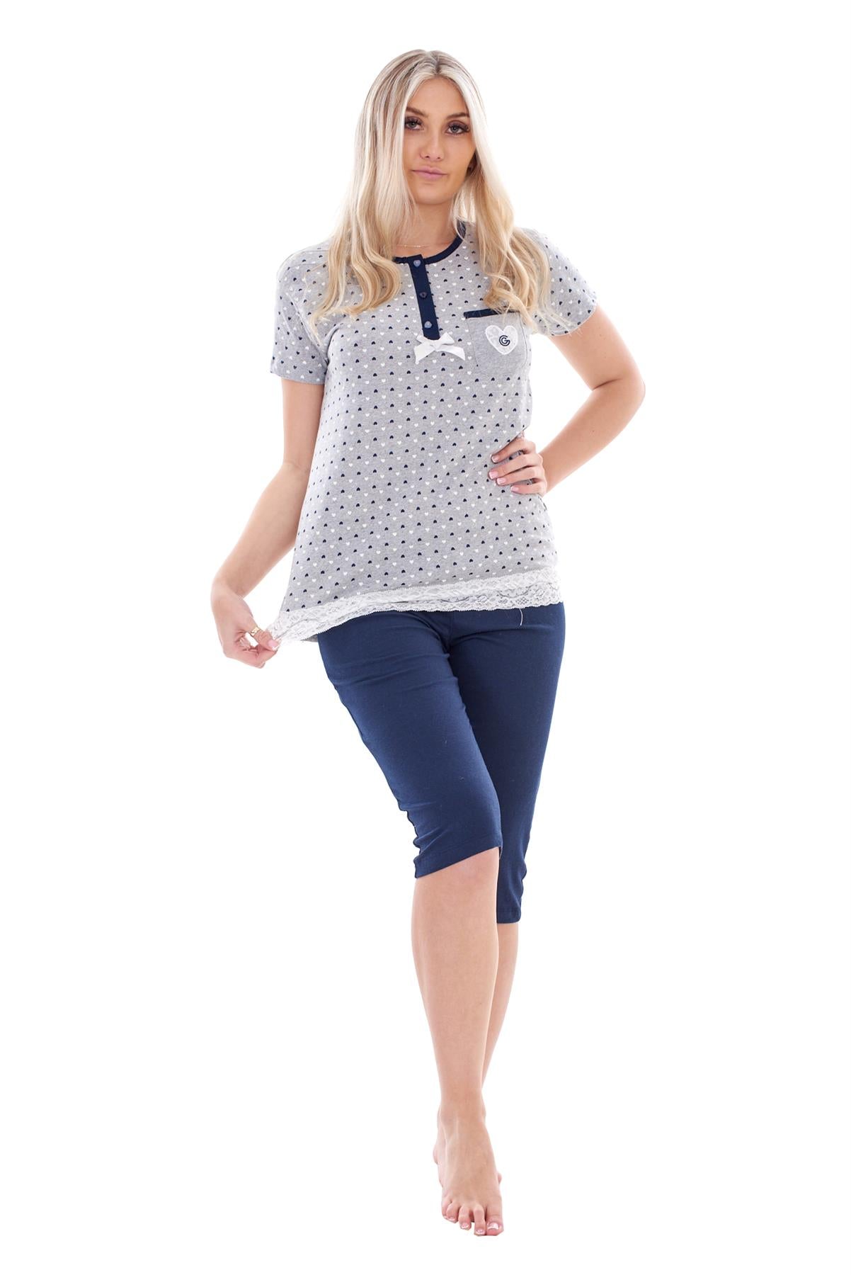 Ladies Capri Pyjama Set 2 Piece Heart Pocket Lace Buttons Bow Cropped Nightwear