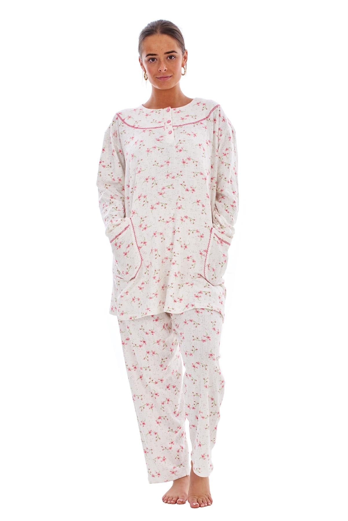 Ladies Winter Pyjama Set Floral Long Sleeve Button Thermal Warm Soft Loungewear