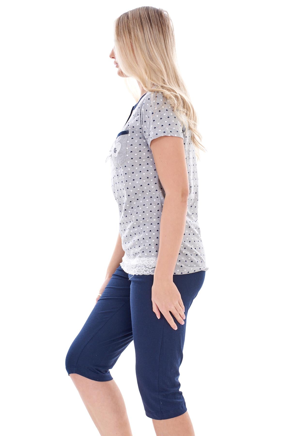 Ladies Capri Pyjama Set 2 Piece Heart Pocket Lace Buttons Bow Cropped Nightwear