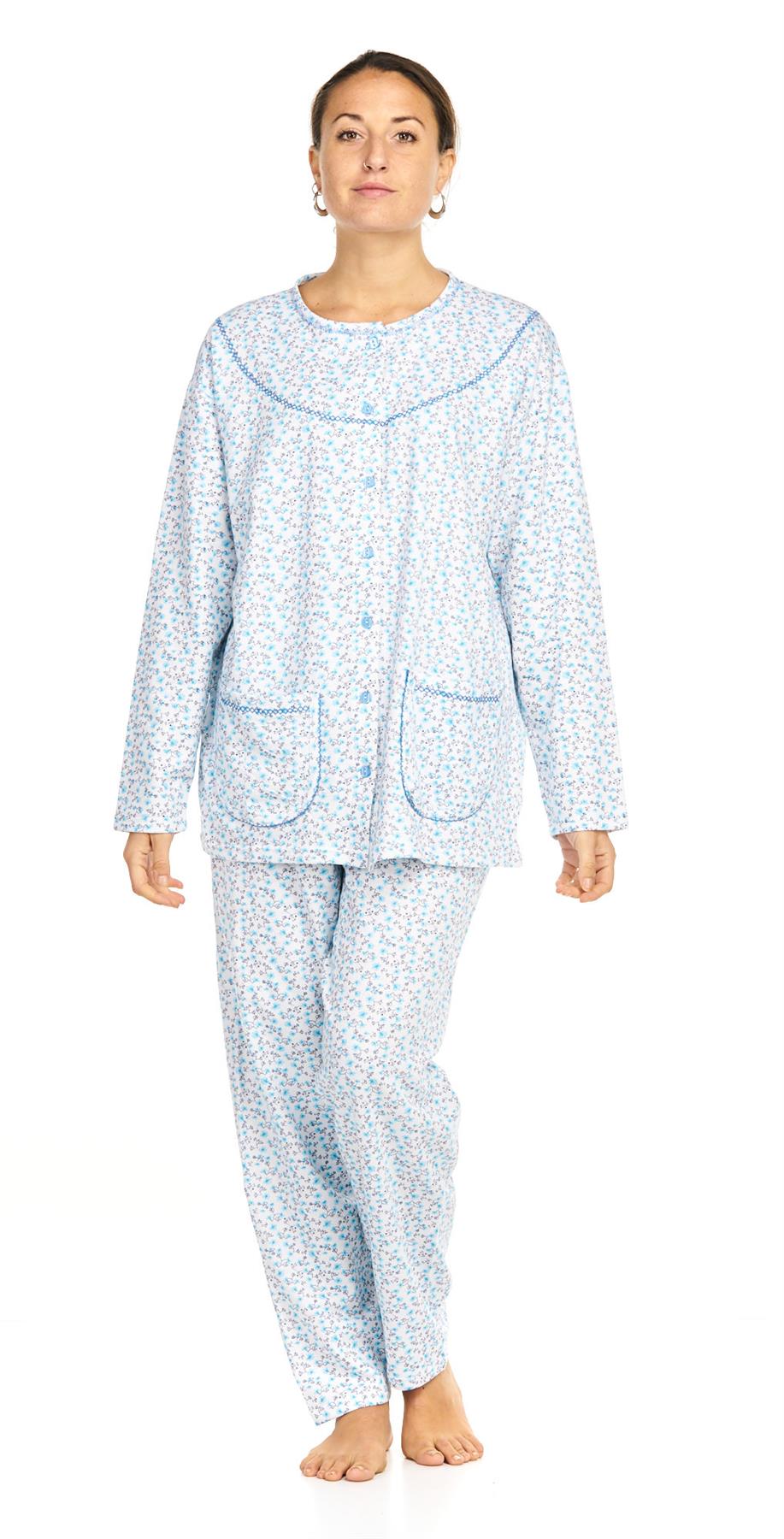 Ladies Pyjama Set Thermal Warm Floral Long Sleeve Buttons Pockets Loungewear