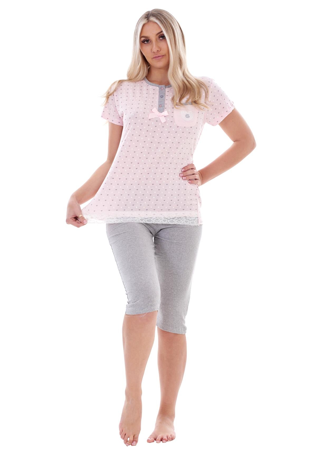 Ladies Capri Pyjama Set 2 Piece Heart Pocket Lace Buttons Bow Cropped Nightwear