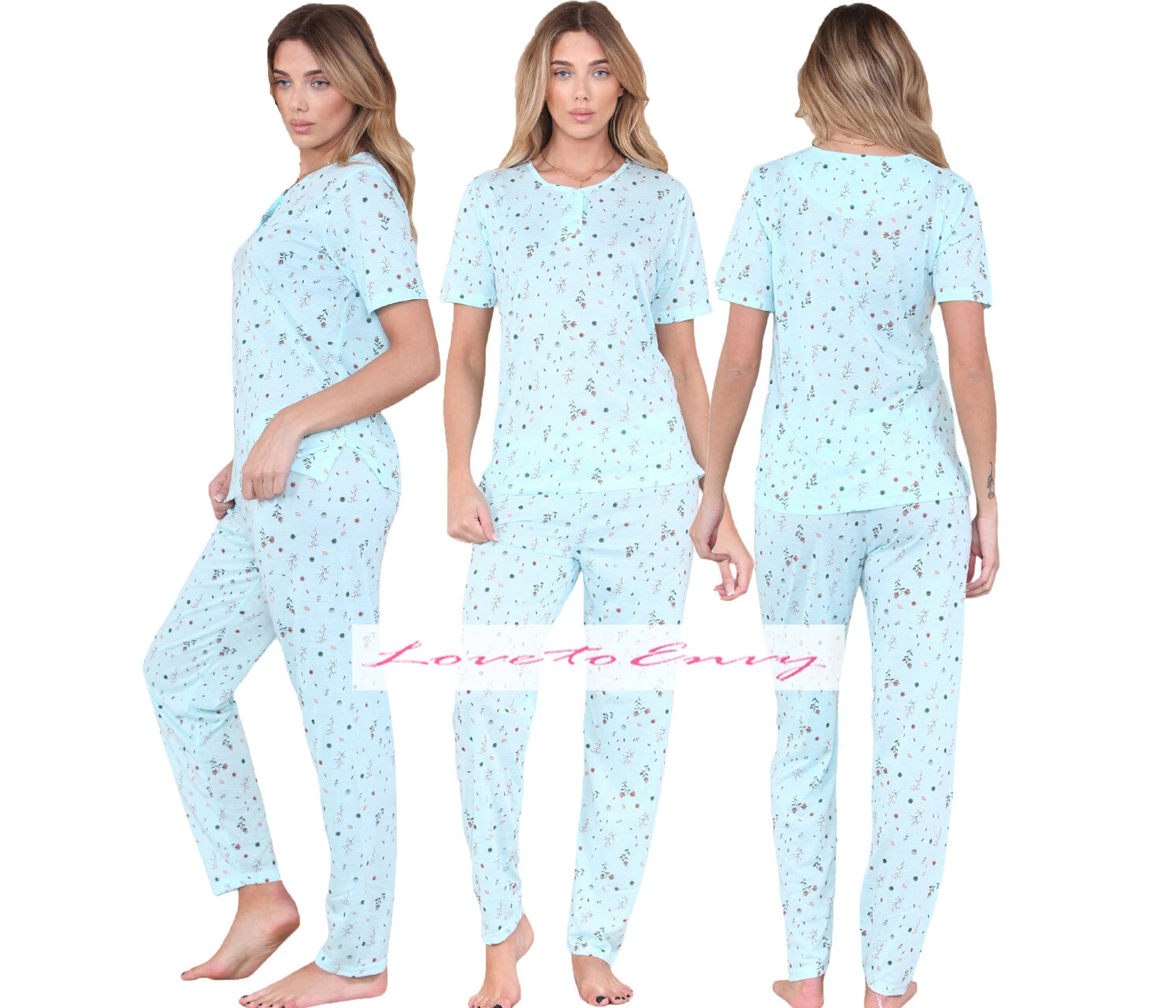 PJ Set Ladies Short Sleeve Flower Print Pyjama Set Cotton Blend Womens Nightwear