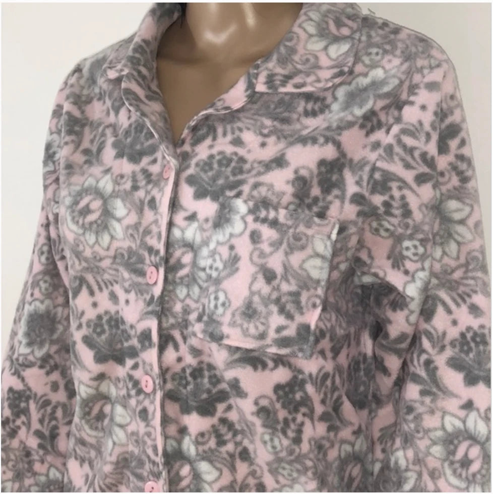 New Womens Mayfair 2 Piece Micro Fleece Pajamas Warm Cozy Gray Floral Great Gift
