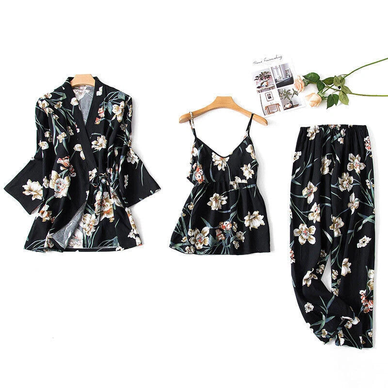 3PC Women Night Dress Silk-Cotton Pajama Sleepwear Long Robes Nightwear Gown Set