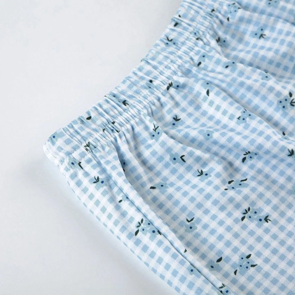 Floral Two Piece Sleepwear Plaid Summer Nightdress Women Summer-