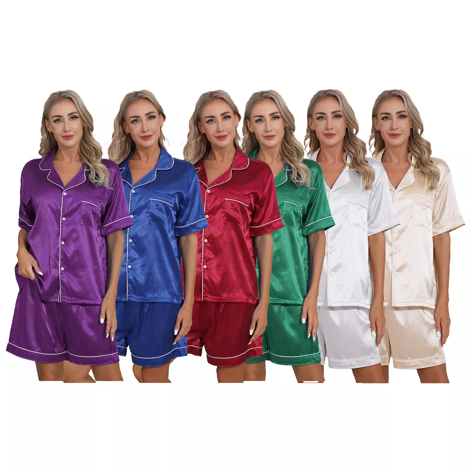 AU Womens Solid Satin Pajamas Set Tops with Shorts 2 Piece Sleepwear Loungewear