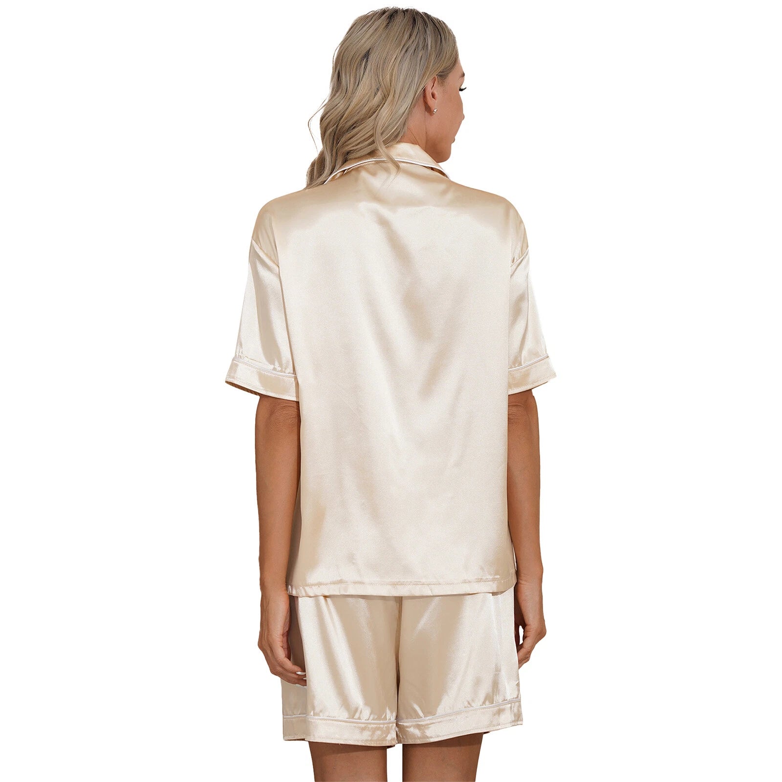 AU Womens Solid Satin Pajamas Set Tops with Shorts 2 Piece Sleepwear Loungewear