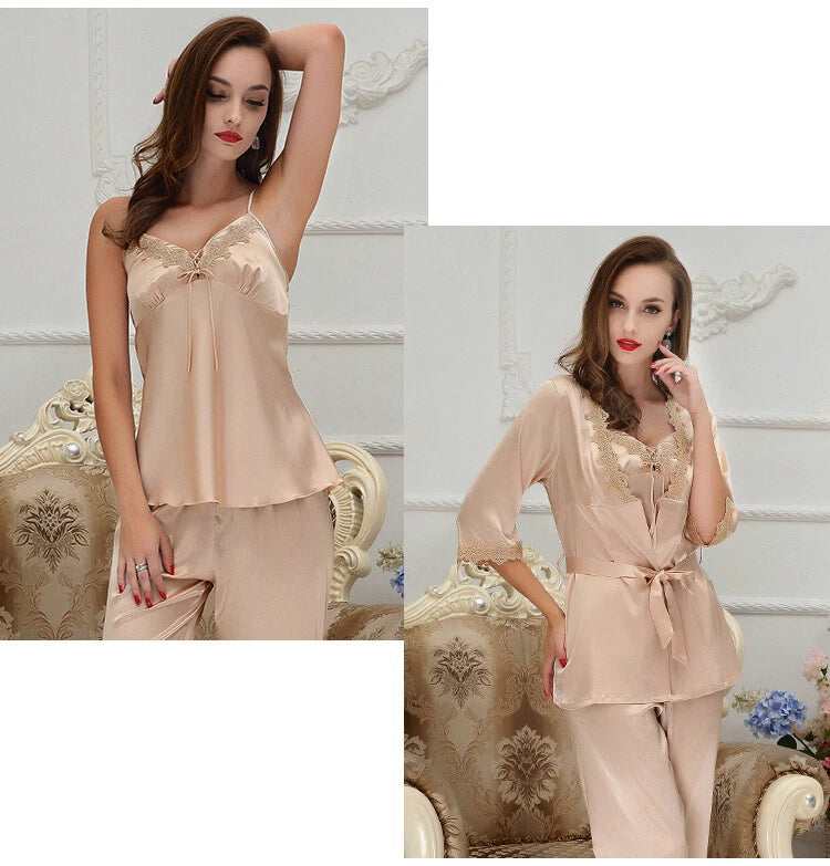 luxury silk cloth embroidery Women Sexy Sleepwear nightgown Ladies pajamas set