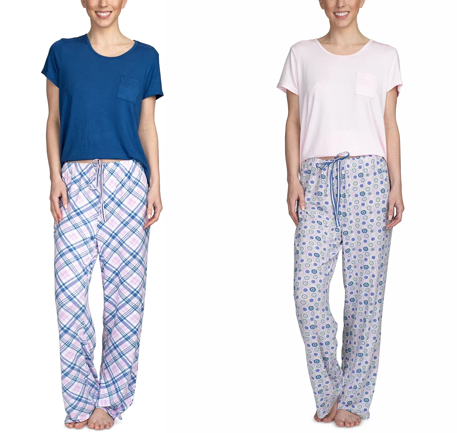 Hanes Women's 2pc super-soft lush luxe Pajama Set Blue Plaid, Pink/Geo L