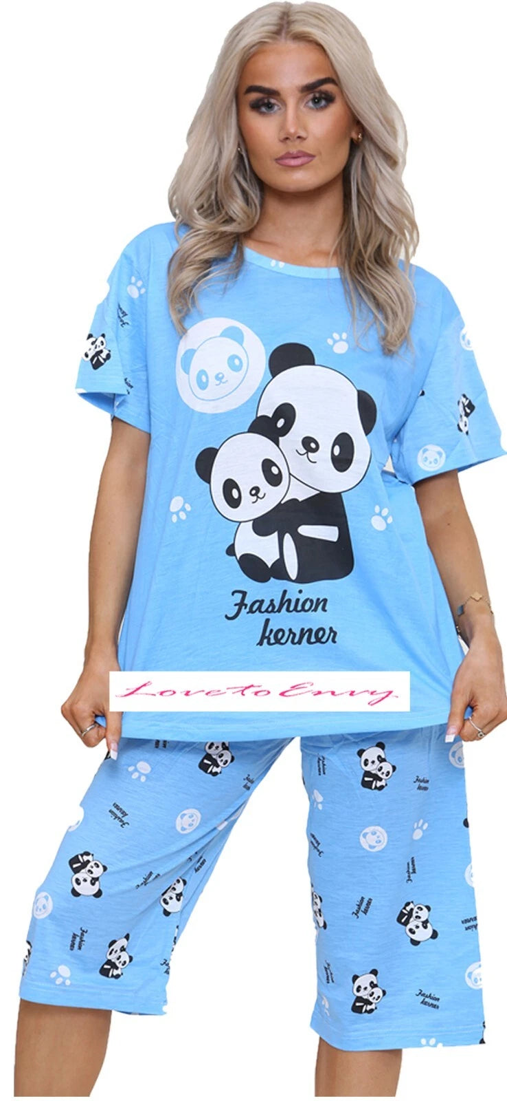 Ladies PJ Set Panda Animal Print Short Sleeve Capri Leg Lounge Teddy Pyjama Set.