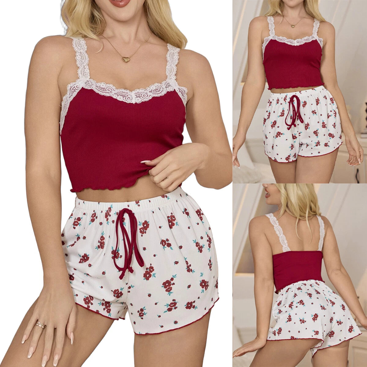 Womens Sexy Lingerie Lace Floral Tank Top+shorts Babydoll Pajamas Set Nightgown