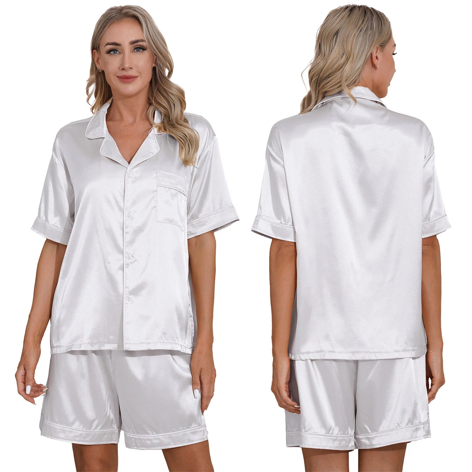 AU Womens Solid Satin Pajamas Set Tops with Shorts 2 Piece Sleepwear Loungewear