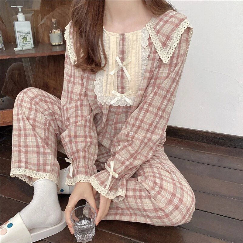 Lolita Princess Pajamas Set Women Loose Lacework Bow Tie Plaid Top Pants 2 Pcs