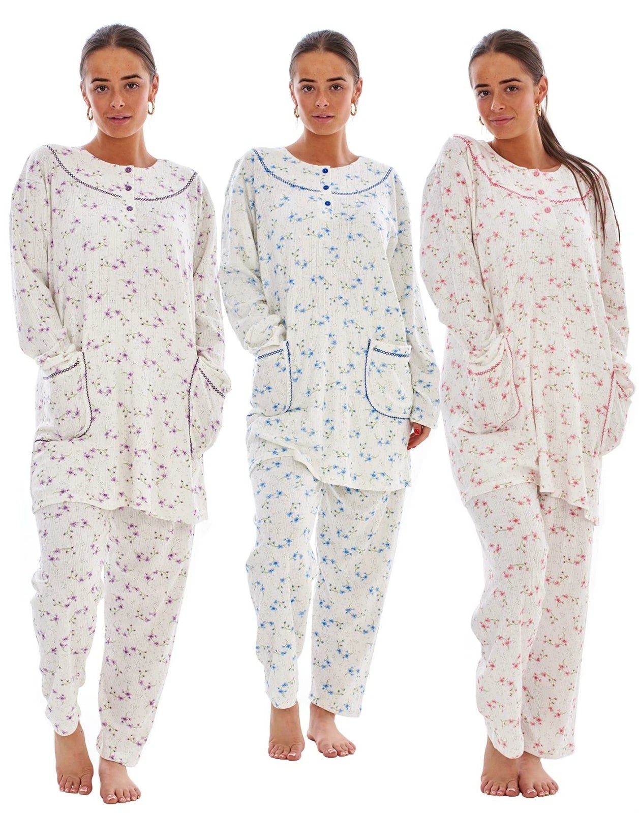 Ladies Winter Pyjama Set Floral Long Sleeve Button Thermal Warm Soft Loungewear