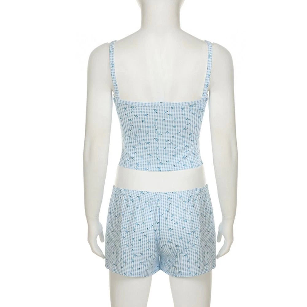 Floral Two Piece Sleepwear Plaid Summer Nightdress Women Summer-