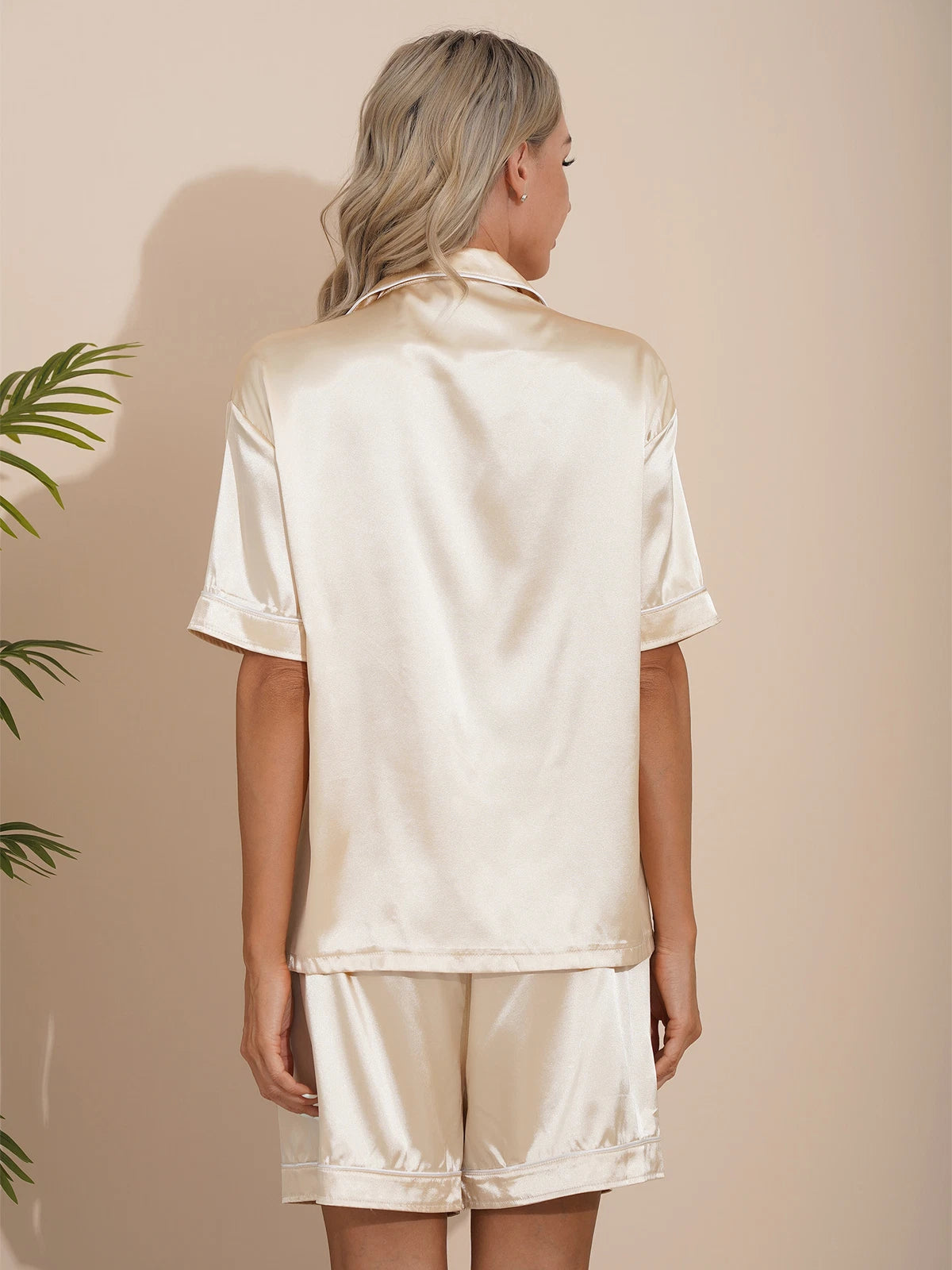 AU Womens Solid Satin Pajamas Set Tops with Shorts 2 Piece Sleepwear Loungewear