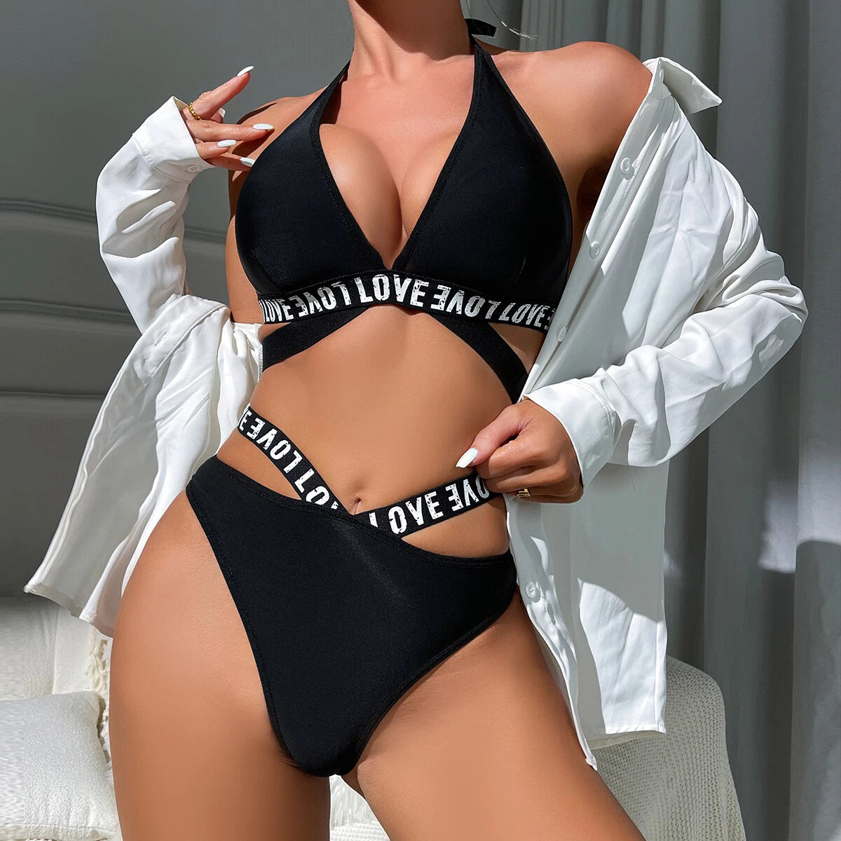 Women Sexy Lingerie Letter Print Belted Bra and Panty 2 Piece Pajamas Set Outfit