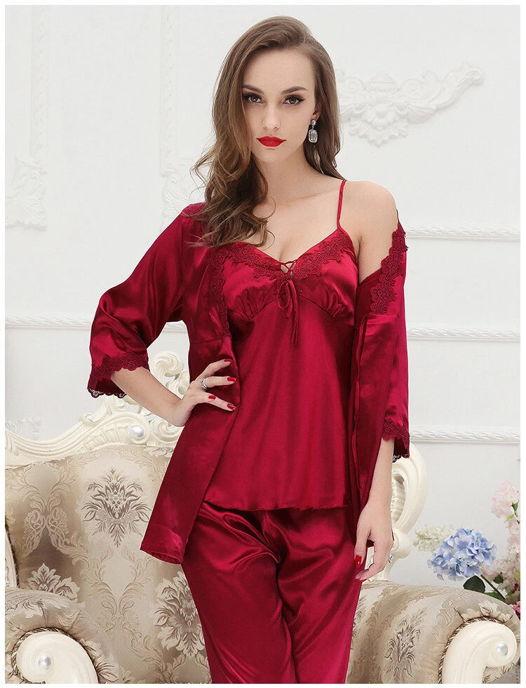 luxury silk cloth embroidery Women Sexy Sleepwear nightgown Ladies pajamas set