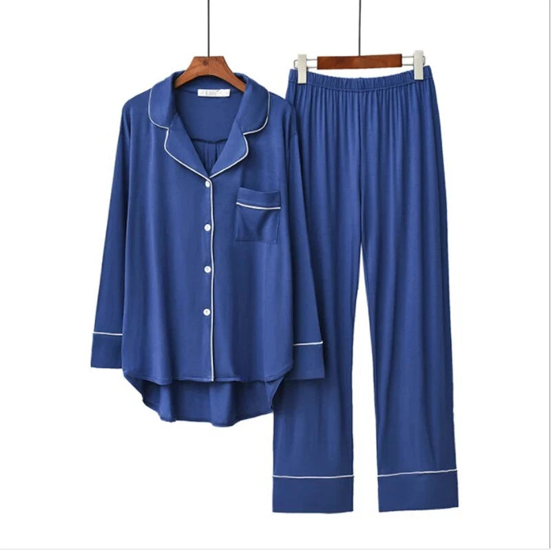 2PCS Pajama Sets Women Long Sleeve Solid Loose Breathable Soft Lady Suit Womens