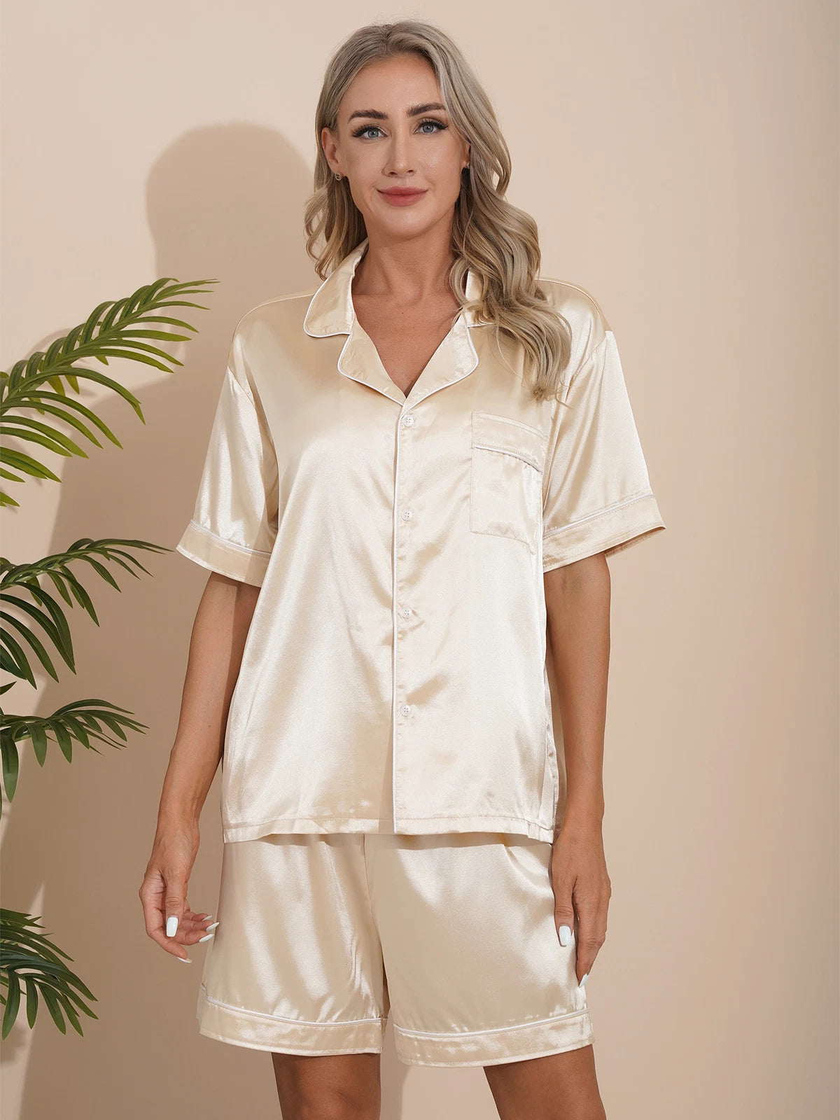 AU Womens Solid Satin Pajamas Set Tops with Shorts 2 Piece Sleepwear Loungewear