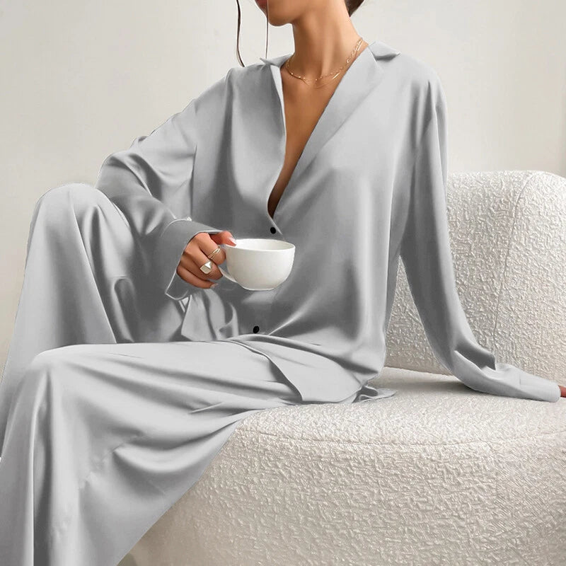 Luxury Women Oversized Silk Satin Sleepwear Sexy Pajamas Set Long Sleeves Pyjama