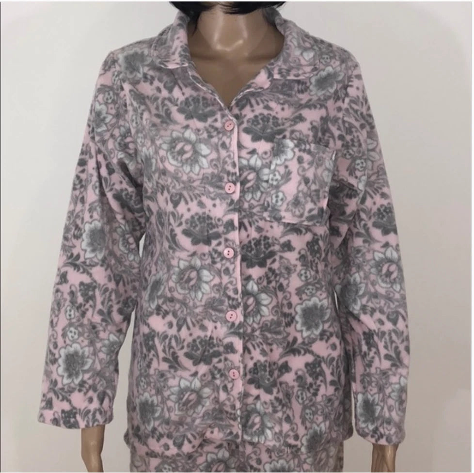 New Womens Mayfair 2 Piece Micro Fleece Pajamas Warm Cozy Gray Floral Great Gift