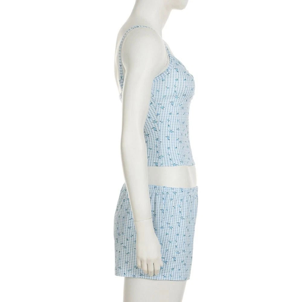 Floral Two Piece Sleepwear Plaid Summer Nightdress Women Summer-