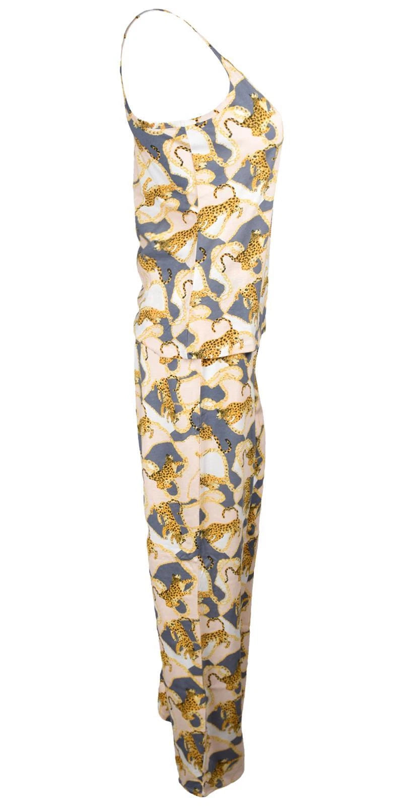 Ladies Pyjama Set Leopard Printed Womens Sleepwear Sleeveless PJS Vest Nightwear
