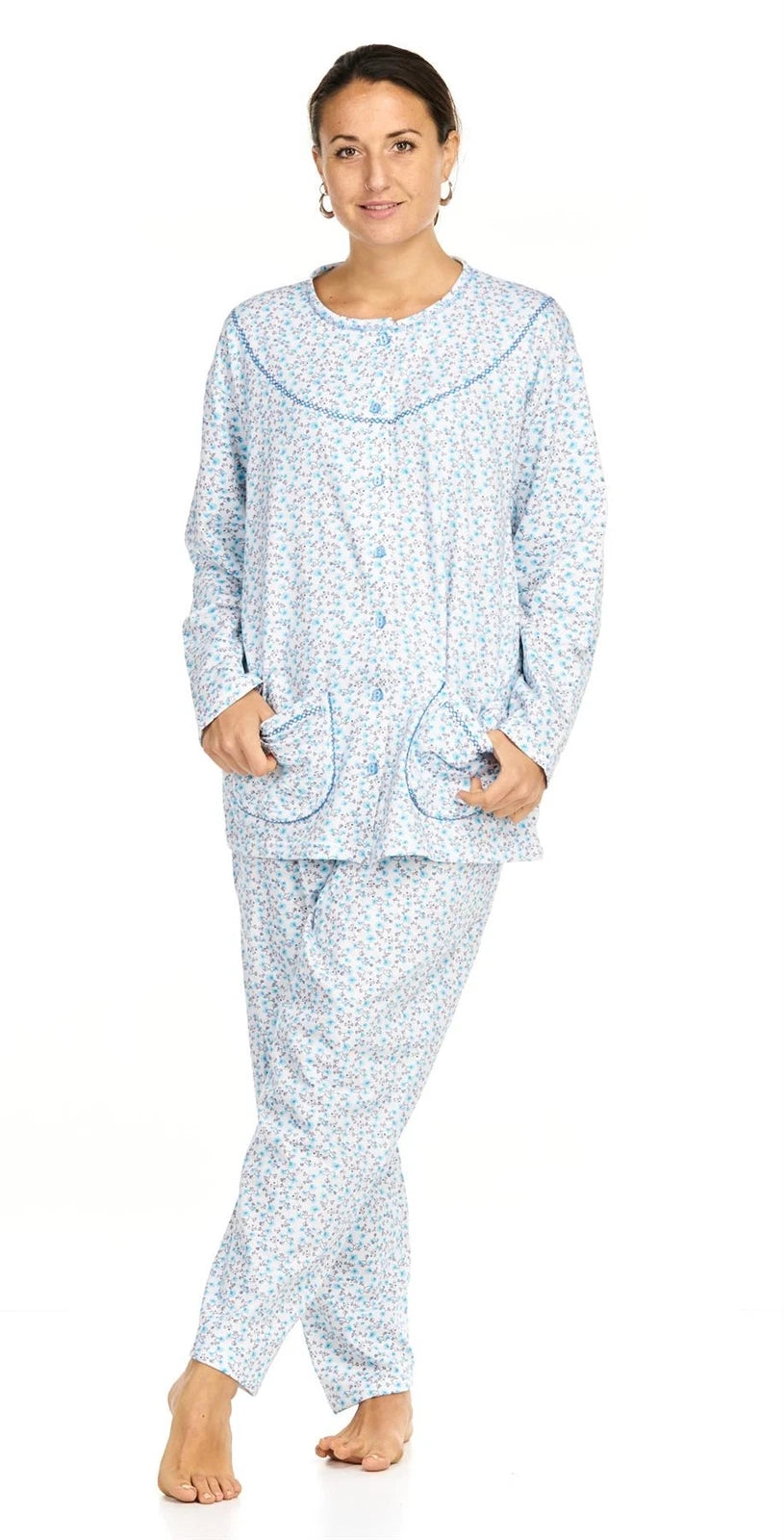 Ladies Pyjama Set Thermal Warm Floral Long Sleeve Buttons Pockets Loungewear
