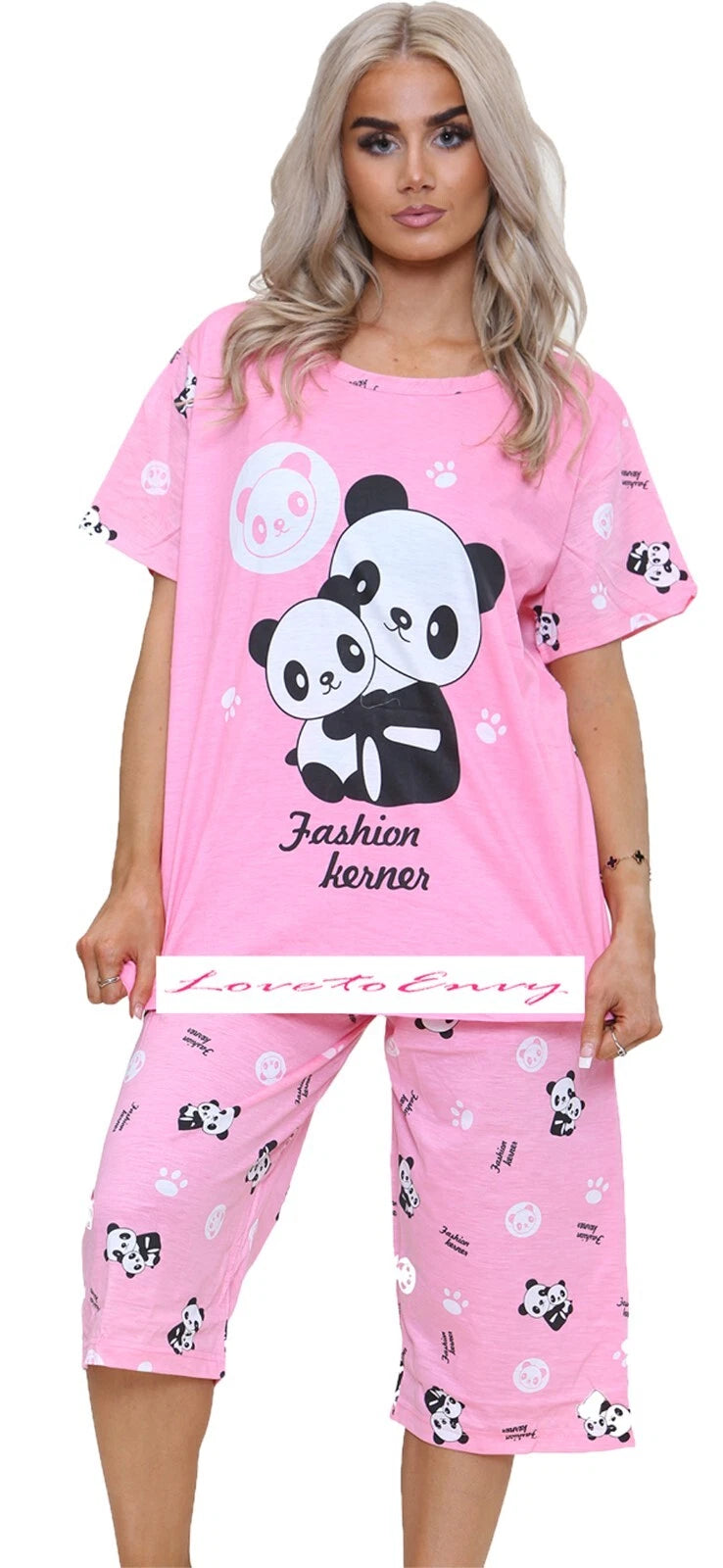 Ladies PJ Set Panda Animal Print Short Sleeve Capri Leg Lounge Teddy Pyjama Set.