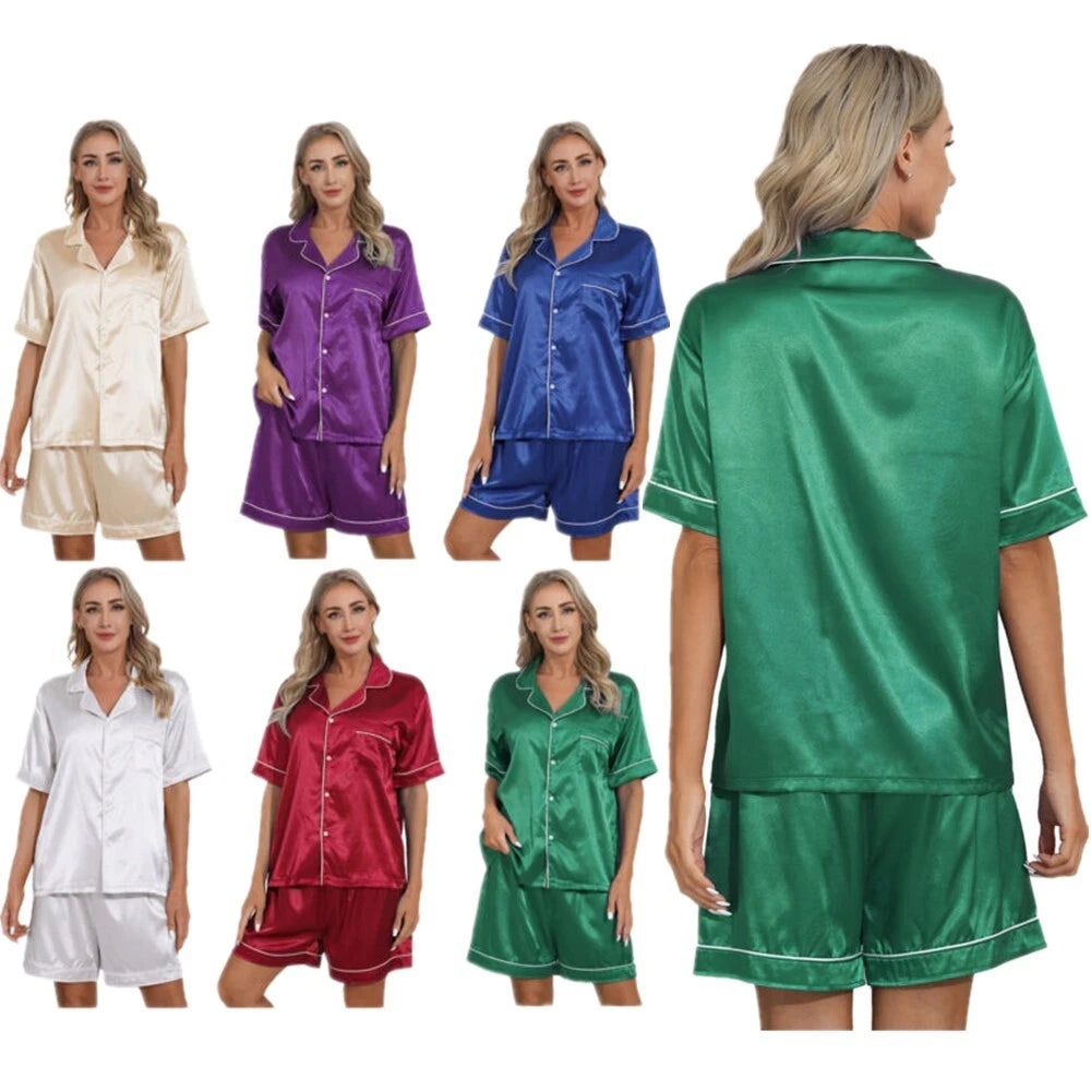 AU Women's Satin Pajamas Short Sleeve Top with Shorts Sleepwear Loungewear Set